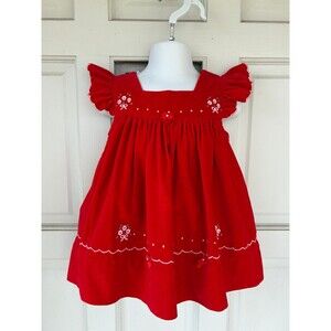 Vintage Red Toddler Girls Christmas Dress w/Bells Sz 3T White Floral Embroidery